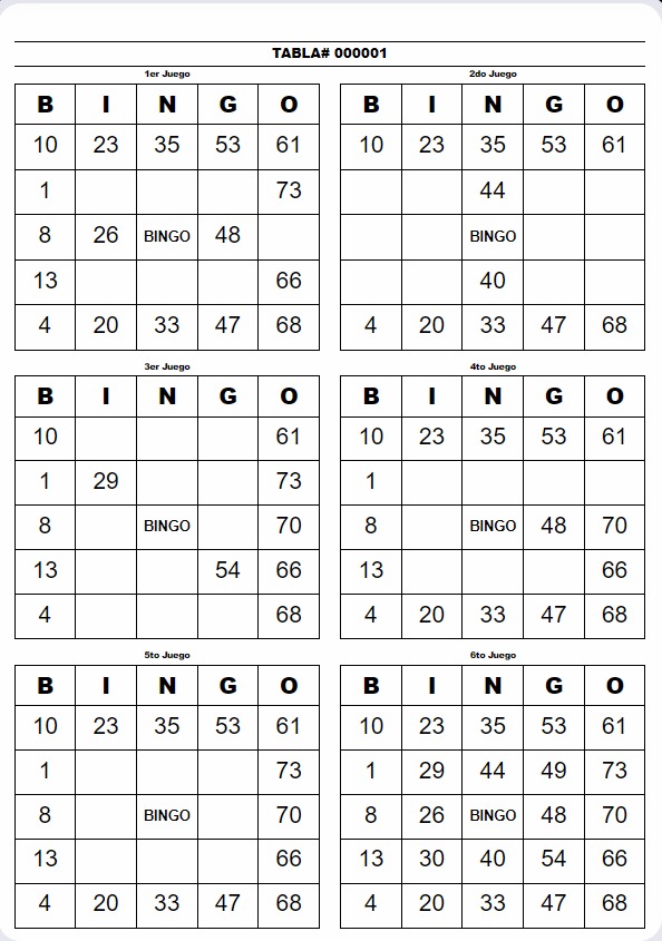 Tabla de bingo gratis formato Bingo 6 Juegos para imprimir - NexusFS